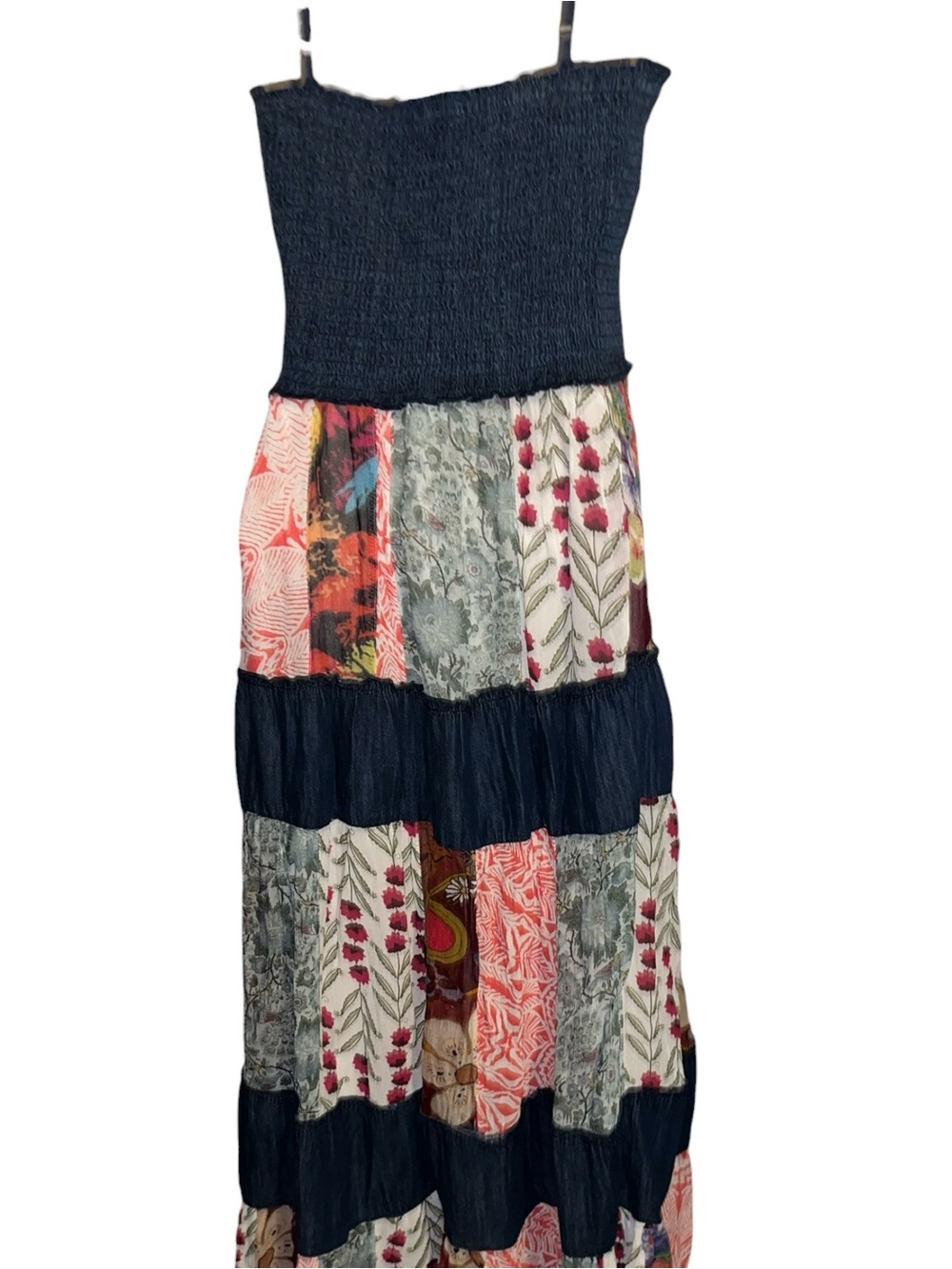YOUNG THREADS XL SMOCKED DENIM W/ LATTE PATCHWORK MIDI DRESS - Picture 6 of 6